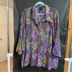 Lane Bryant 26/28 Purple Graphic Boxy Blouse Crinkle Artsy Floral Sheer
